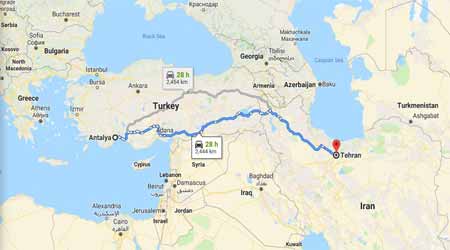 فاصله تهران تا انتالیا