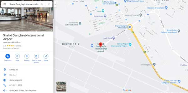 موقعیت فرودگاه شیراز در نقشه