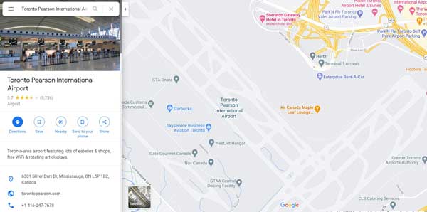 موقعیت فرودگاه پیرسون تورنتو در نقشه